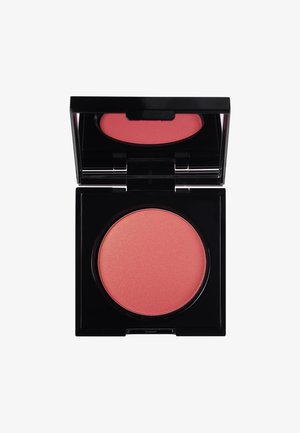 Blushcompact met een ronde, roze blushpan en glanzend zwart omhulsel. Het compact opent om het gladde, matte oppervlak van de blush te onthullen.
