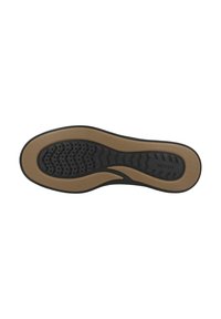 Suela de zapato con un diseño de goma negra y marrón, que presenta patrones texturizados y agujeros de ventilación para un mejor agarre y transpirabilidad.