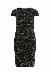 Abito nero aderente coperto di paillettes multicolori, maniche corte e scollatura rotonda, che mette in mostra una texture liscia e una brillantezza vivace.