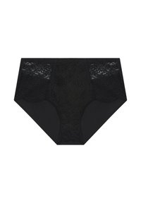 Schwarze hochgeschnittene Panties mit einem Spitzenrand und gewellten Mustern oben sowie einem glatten, blickdichten Stoff.