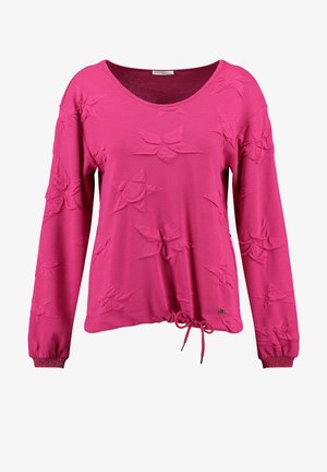 Fuchsia Langarmshirt mit V-Ausschnitt, strukturiertem Gewebe mit eingeprägten Sternmustern, gerafftem Taillenbereich mit Kordelzug und akzentuierten Ärmeln.