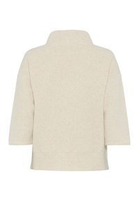 Beige pullover lavet af blødt stof, med høj krave, korte ærmer og en afslappet pasform. Minimalistisk design uden mønstre.