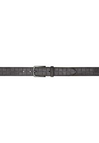 Geweven grijs leren riem met een zilverkleurige metalen gesp, voorzien van een gestructureerd ontwerp en meerdere verstelgaten voor maatvariabiliteit.