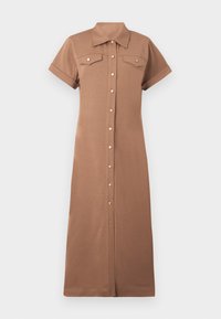 Brun kortermet skjorte-ankle med krage, som har to brystlommer og gullfargede knapper, laget av et glatt, stretchy stoff.
