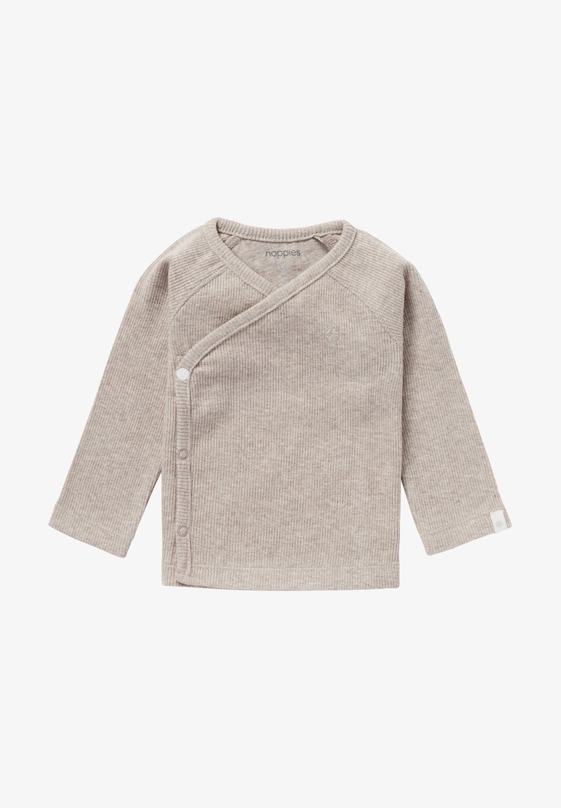 Lysebrun ribbet langærmet wrapped top med knaplukninger, V-hals og lille logo-detalje foran. Blødt, struktureret stof.