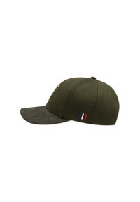 Olive green cap in wool blend, with a flat brim and a soft texture. Features a logo on the front and three colored stripes on the side.