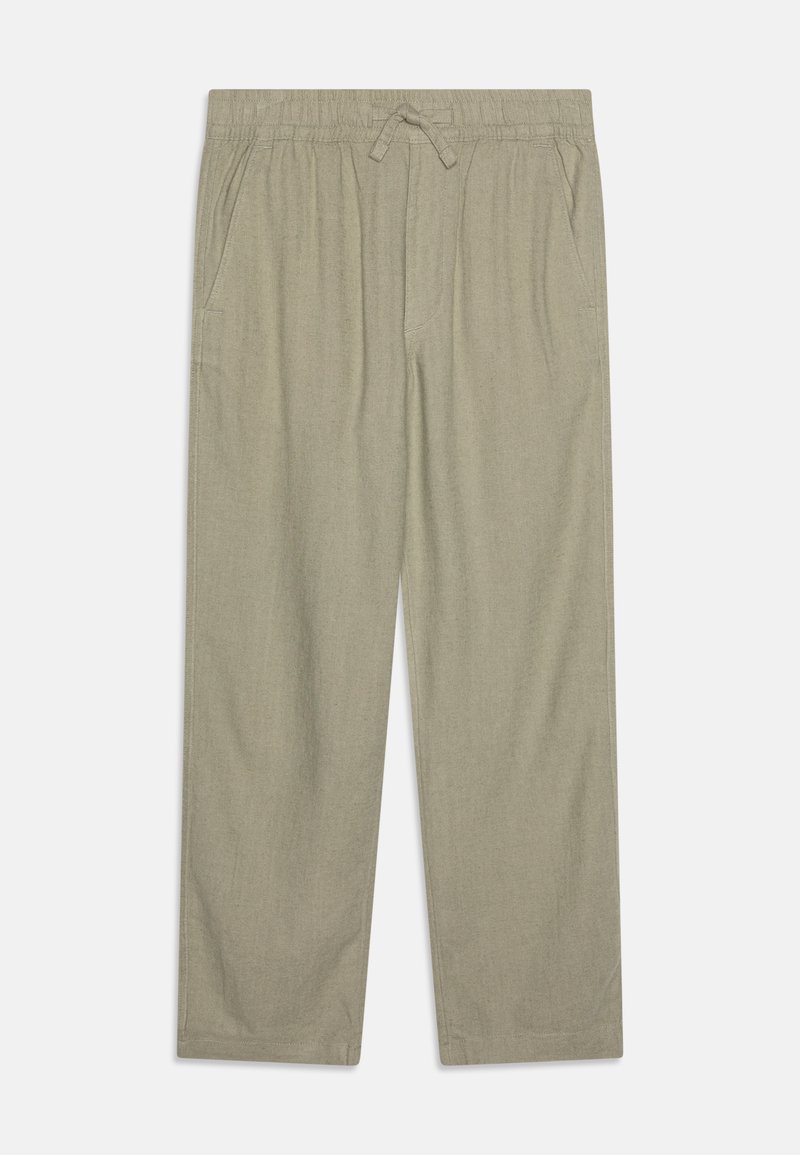 Pantaloni di un verde chiaro, larghi e realizzati in tessuto morbido, con una vita elasticizzata con cordino e due tasche laterali.