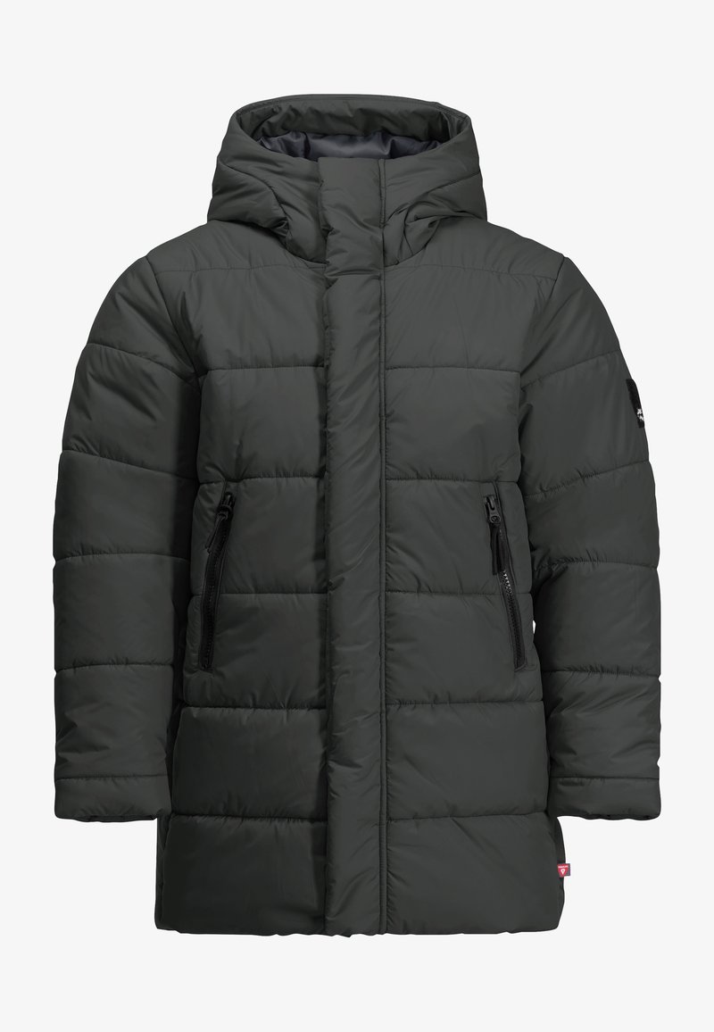 Padded dark gray jacket with a hood, featuring a vertical front zipper, zippered side pockets, and a textured quilted pattern.