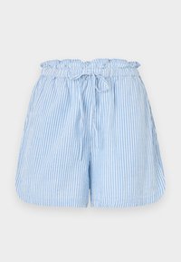 Jasnoniebieskie spodenki w paski z elastycznym pasem, wiązaniem na sznurek i miękką fakturą, z pionowymi białymi paskami.