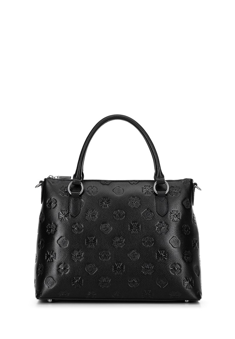 Borsa a tracolla in pelle nera con motivo in rilievo di loghi, manici superiori robusti e chiusura con zip. Presenta hardware in tonalità argento e piedini protettivi.