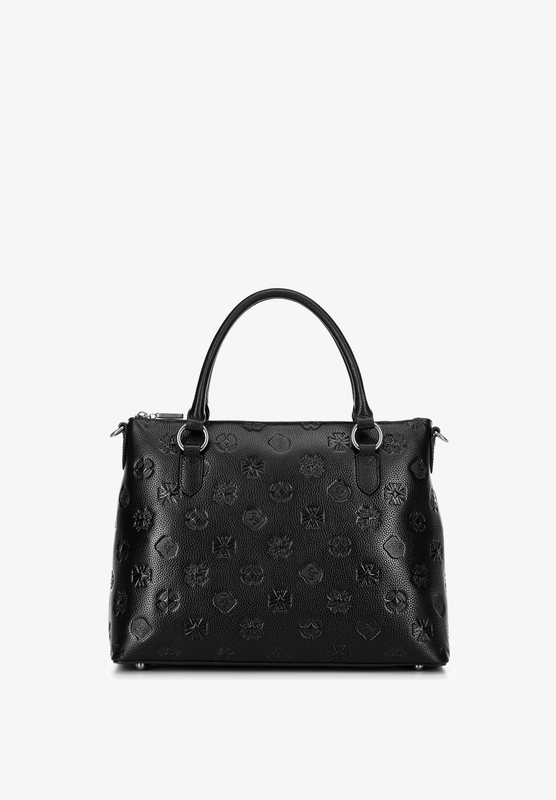 Borsa a tracolla in pelle nera con motivo in rilievo di loghi, manici superiori robusti e chiusura con zip. Presenta hardware in tonalità argento e piedini protettivi.