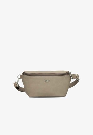 Marsupio in pelle color taupe con chiusura a cerniera e tracolla regolabile, con logo "ZWEI" in argento sul davanti.