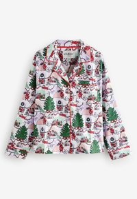 Bombažna pižama s prazničnim vzorcem Božička, dreves in prazničnih prizorov v zeleni, rdeči in rožnati barvi, z rdečimi obrobami in gumbastim zapiranjem.