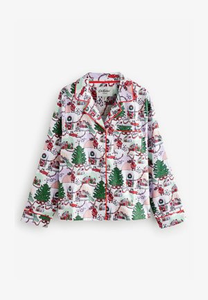 Maglietta da pigiama in cotone con una stampa festiva di Babbo Natale, alberi e scene natalizie in verde, rosso e rosa, con piping rosso e design a bottoni.