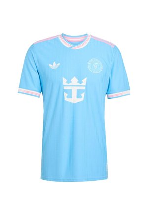 Light blue athletic jersey with white accents, featuring a round neck, short sleeves, a crown logo, and vertical ribbed texture.