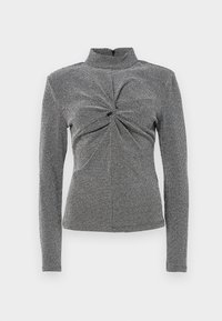 Juoda ir balta ilgaa rankovė turtleneck marškinėliai su tekstūruotu raštu, su mazgo detale priekyje ir prigludusia siluetu.