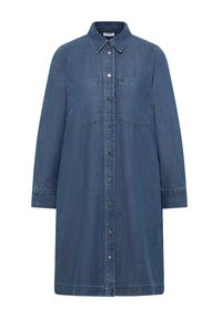 Jeansklänning i mörkblått, med krage, långa ärmar, två bröstfickor och knäppning fram. Slät textur.