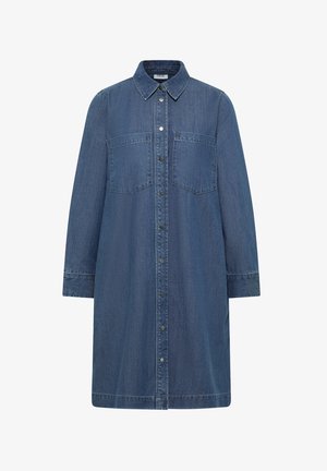 Denim dress in dark blue, featuring a collared neckline, long sleeves, two chest pockets, and front button closure. Smooth texture.