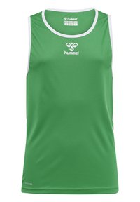 Zielony bezrękawnik sportowy wykonany z oddychającego materiału, z białymi akcentami i logo na piersi. Gładka tekstura na całej powierzchni.