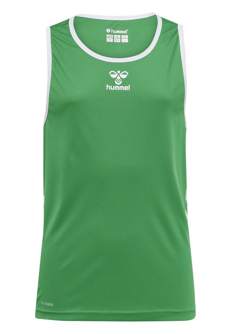 Zielony bezrękawnik sportowy wykonany z oddychającego materiału, z białymi akcentami i logo na piersi. Gładka tekstura na całej powierzchni.