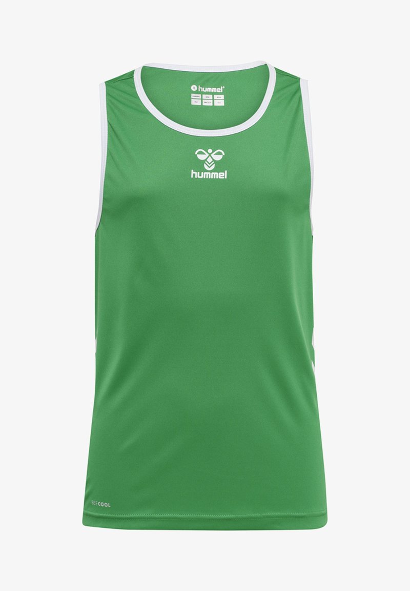 Zielony bezrękawnik sportowy wykonany z oddychającego materiału, z białymi akcentami i logo na piersi. Gładka tekstura na całej powierzchni.