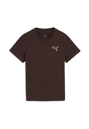 T-shirt noir à manches courtes col rond avec un petit logo blanc Puma sur la poitrine gauche.