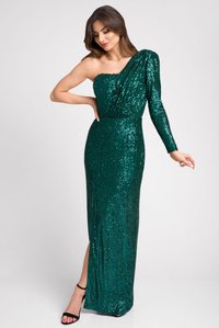 Zielona wieczorowa suknia z cekinami, z jednoramiennym krojem, rozcięciem po boku i dopasowaną sylwetką. Charakteryzuje się teksturowanymi cekinami i długim rękawem.