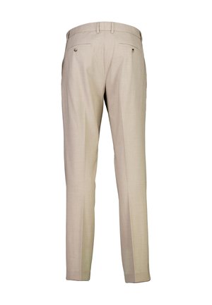 Pantaloni beige da uomo su misura con tasche a filetto posteriori chiuse da bottoni e passanti per cintura, mostrati da dietro su sfondo bianco.