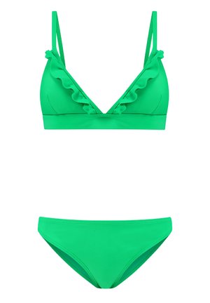 Grünes Bikini-Set mit einem Triangel-Oberteil mit Rüschensaum und dünnen Trägern, kombiniert mit passenden Bikinihöschen in einfarbigem Grün.