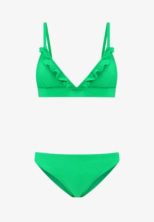 Grünes Bikini-Set mit einem Triangel-Oberteil mit Rüschensaum und dünnen Trägern, kombiniert mit passenden Bikinihöschen in einfarbigem Grün.