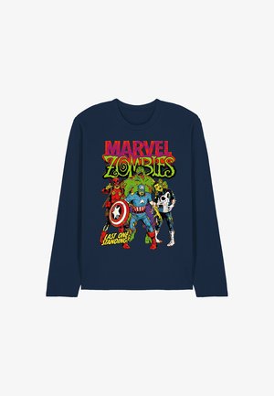 Langarm-Hemd in Marineblau mit einem bunten "Marvel Zombies"-Grafikdruck, der Charaktere im Cartoon-Stil zeigt. Der Text lautet "LETZTER STEHENDER!"