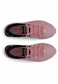 Pink athletic shoes with a mesh upper, black accents, and white outsole. Features laces and branding on the side and tongue.