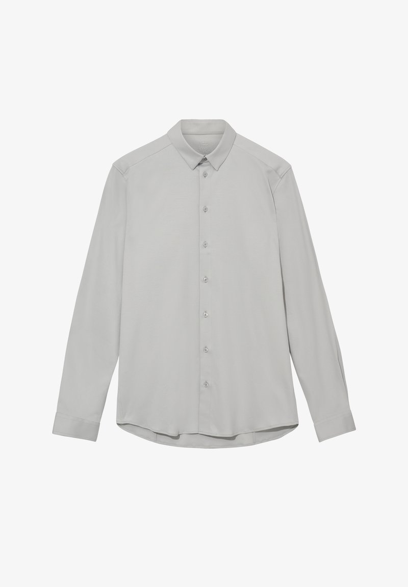 Light gray button-up shirt with long sleeves, a pointed collar, and a smooth texture. Features a placket with small buttons and a curved hem.