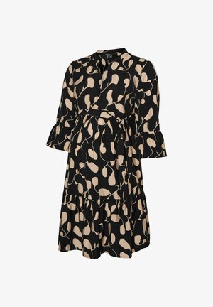 Abito nero al ginocchio con motivi astratti a foglia beige, maniche a tre quarti con polsini arricciati e cintura in vita annodata.