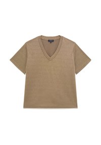Kurzärmliges, V-Ausschnitt T-Shirt aus metallisch goldenem Stoff. Verfügt über eine lockere Silhouette mit glatter Textur und ohne auffällige Muster oder Akzente.