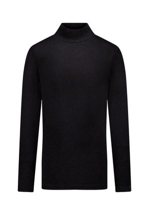 Zwart shirt met lange mouwen en coltrui, slanke pasvorm en eenvoudig ontwerp, getoond op een witte achtergrond.