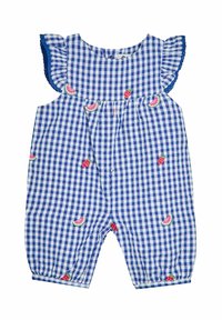 Plavi i bijeli gingham kombinezon s naboranim rukavima, ukrašen izvezenim jagodama i lubenicam; lagana pamučna tkanina.