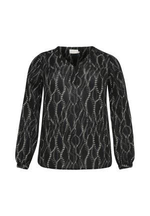 Blusa nera a maniche lunghe con motivo in varie sfumature di nero e bianco, scollatura a V e maniche arricciate. Tessuto leggero.