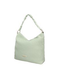 Borsa a tracolla verde menta con texture, caratterizzata da una silhouette morbida, dotata di una tracolla intrecciata e dettagli in metallo dorato.
