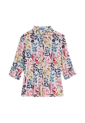 Biała koszula na guziki z podwiniętymi rękawami, zdobiona wielokolorowymi kwiatowymi i liściastymi wzorami w kolorach czerwonym, niebieskim, żółtym i fioletowym.