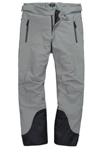 Pantaloni impermeabili grigi con accenti neri, dotati di tasche laterali con zip, rinforzi sulle gambe inferiori e un design della vita sicuro.