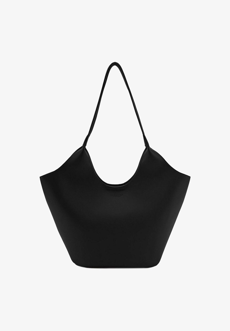 Sac fourre-tout noir avec une finition lisse et mate. Il dispose d'un large dessus ouvert et de deux longues poignées. Design simple et minimaliste, sans matériel ni ornements.
