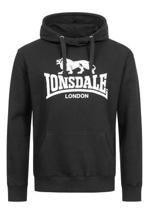 Black hooded sweatshirt made of cotton, featuring a front kangaroo pocket, elastic cuffs, and a large white logo with a lion graphic.