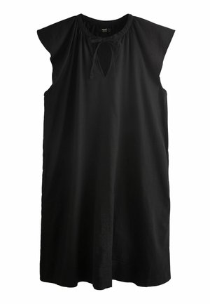 Robe en lin noir à manches courtes, décolleté rond et détail de nœud en forme de trou à l'avant. Texture lisse et silhouette ample et fluide.