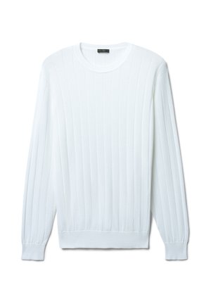 Pull à manches longues blanc côtelé, avec un col rond et des poignets ajustés, fabriqué en tissu lisse et doux avec un motif texturé.