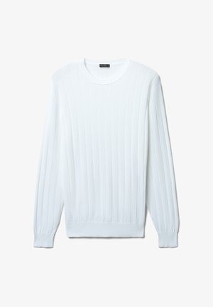 Weißer, gerippter Langarmpullover mit Rundhalsausschnitt und eng anliegenden Bündchen, aus glattem, weichem Stoff mit einer strukturierten Oberfläche.