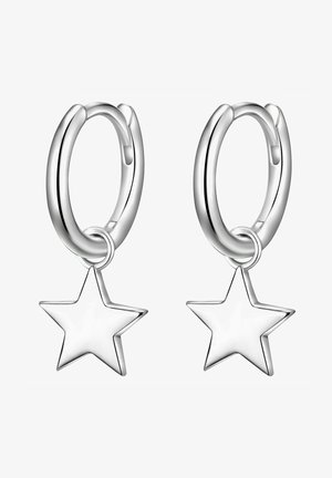 Silberne Creolen mit einem Sternanhänger, polierte Oberfläche, kreisförmige Form und glatte Textur. Auffällig durch ihr schlichtes Design.