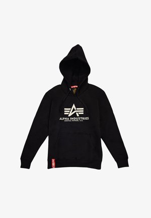 Schwarze Kapuzenjacke aus Baumwollmischung, mit einer Fronttasche, Kordelzugkapuze und einem kontrastierenden weißen Logo mit Schriftzug auf der Brust. Rotes Etikett am Saum.