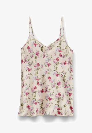 Kremfarvet camisole med tynde stropper, prydet med et mønster af pink og lilla blomster samt grønne bladdetaljer.