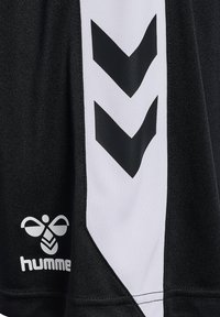 Zwarte sporttrui met een witte zijpaneel en zwarte chevronpatronen. Het merkembleem "hummel" staat in het wit onderaan afgebeeld.
